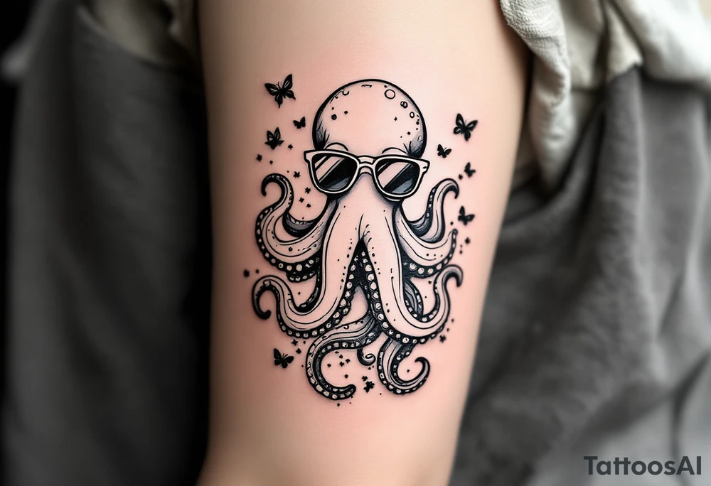 cute octopus, wearing sunglasses, friendly, surrounded by butterflies and oceanic items, grey ink tattoo idea