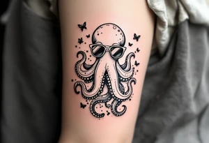 cute octopus, wearing sunglasses, friendly, surrounded by butterflies and oceanic items, grey ink tattoo idea