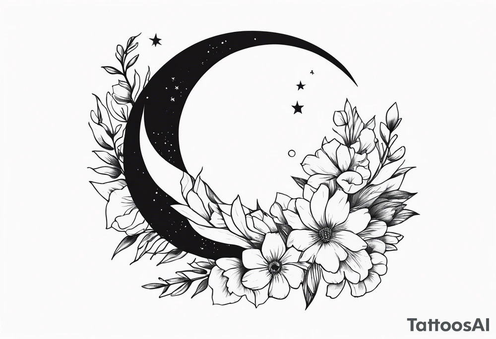 Crescent moon with flowers tattoo idea