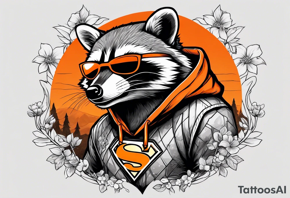 Raccoon wearing an orange Superman hoodie tattoo idea