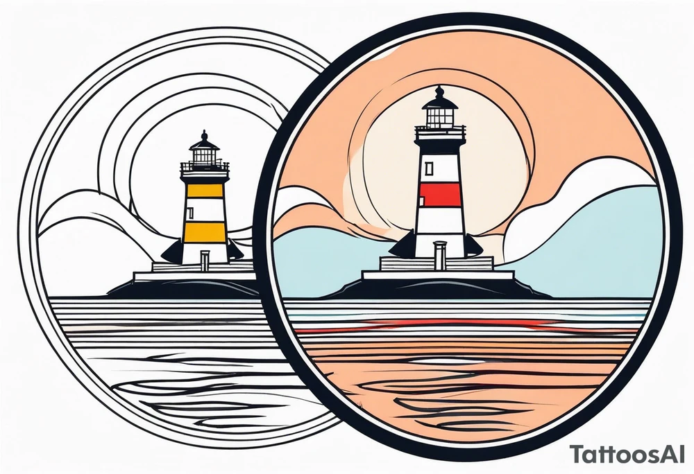 lighthouse fluid lines and circle framed, colored tattoo idea