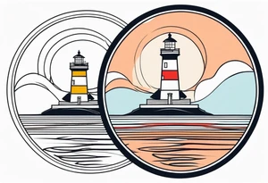 lighthouse fluid lines and circle framed, colored tattoo idea