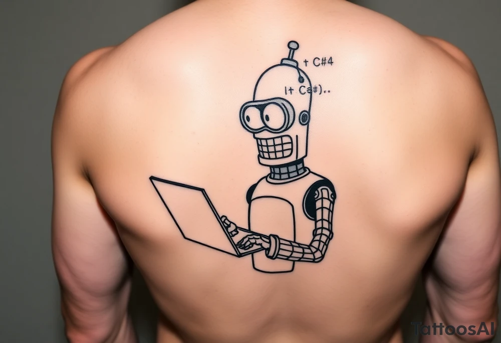 Tattoo design of a humorous robot inspired by Bender from Futurama, holding a laptop or typing on a keyboard, surrounded by lines of code in a programming language like C#. tattoo idea