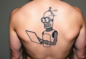 Tattoo design of a humorous robot inspired by Bender from Futurama, holding a laptop or typing on a keyboard, surrounded by lines of code in a programming language like C#. tattoo idea