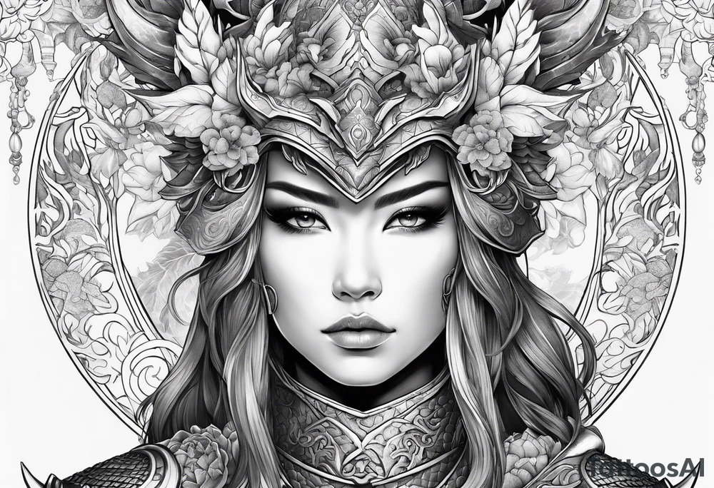 beautiful warrior woman wearing dragon armor and a floral background tattoo idea