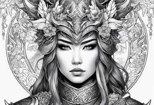 beautiful warrior woman wearing dragon armor and a floral background tattoo idea