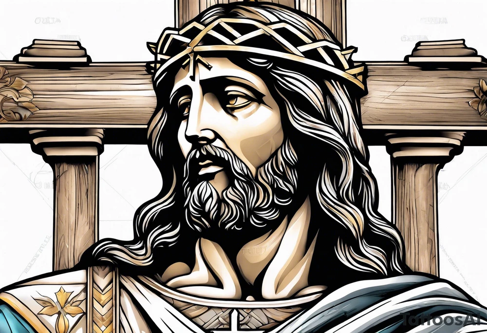 Jesus statue holding cross back tattoo idea