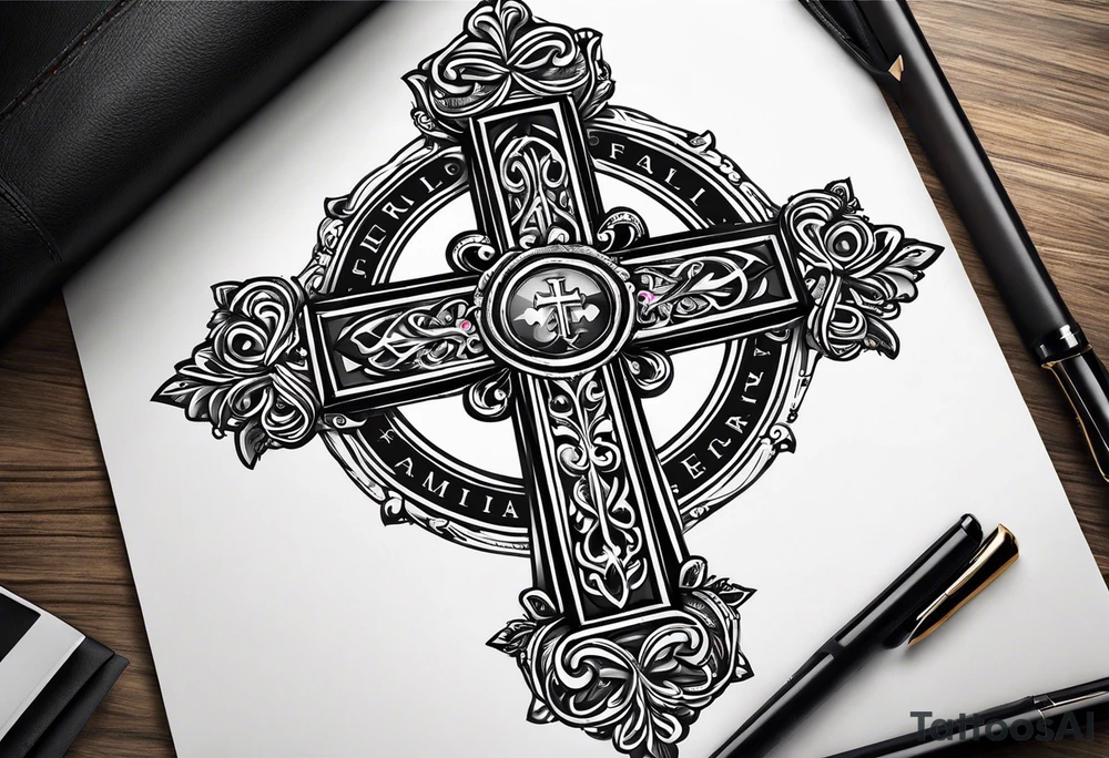 christian cross and in it there is familia word tattoo idea