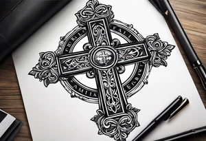 christian cross and in it there is familia word tattoo idea