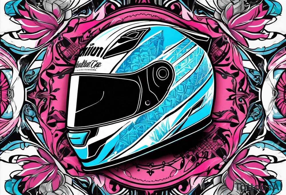 formula 1 helment with a palm three and black light blue and pink colors tattoo idea