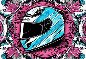 formula 1 helment with a palm three and black light blue and pink colors tattoo idea