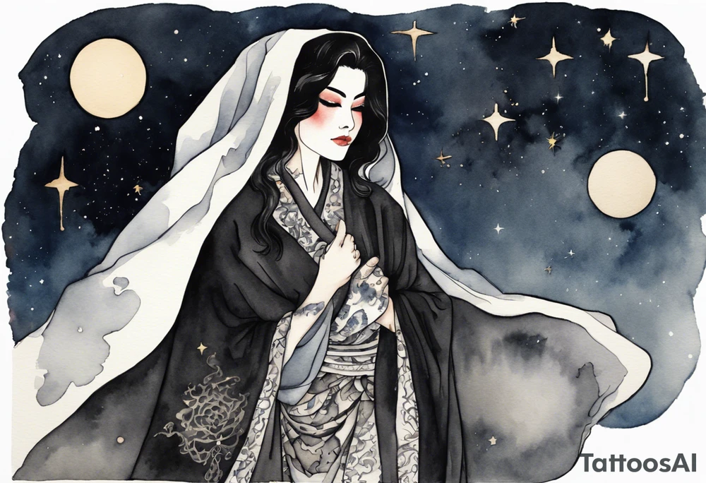 a watercolor of a beautiful 45-year-old Persian woman wearing black and cloak with the night sky in the background tattoo idea
