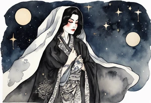 a watercolor of a beautiful 45-year-old Persian woman wearing black and cloak with the night sky in the background tattoo idea