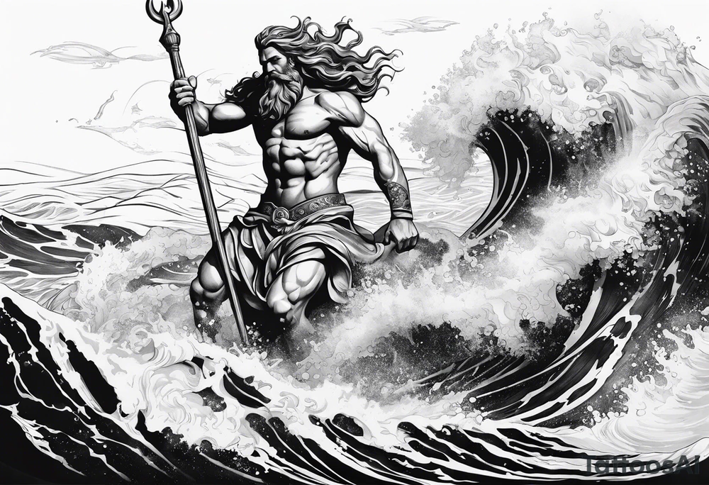 Poseidon steht in einer Welle im Meer tattoo idea