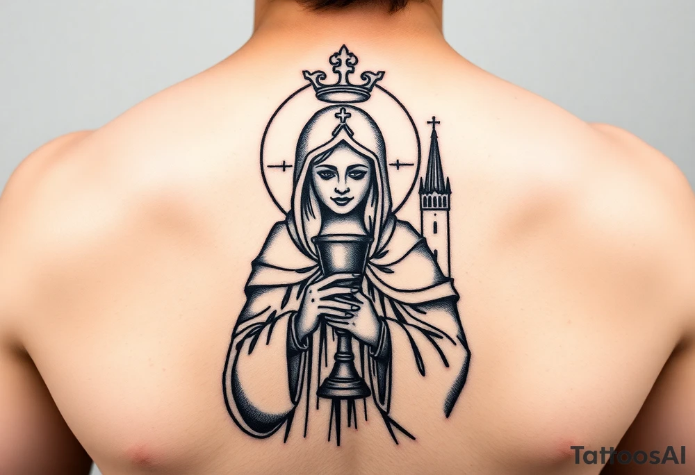 Saint Barbara tattoo holding chalice with tower in background tattoo idea