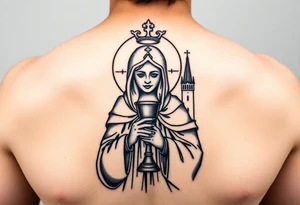 Saint Barbara tattoo holding chalice with tower in background tattoo idea