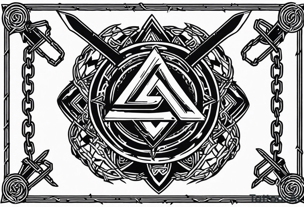 Valhalla sword shield axe barbed wire chains valknut fire tattoo idea Valhalla sword shield axe barbed wire chains valknut fire tattoo idea