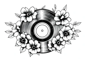 vinyl record surrounded by flowers tattoo idea
