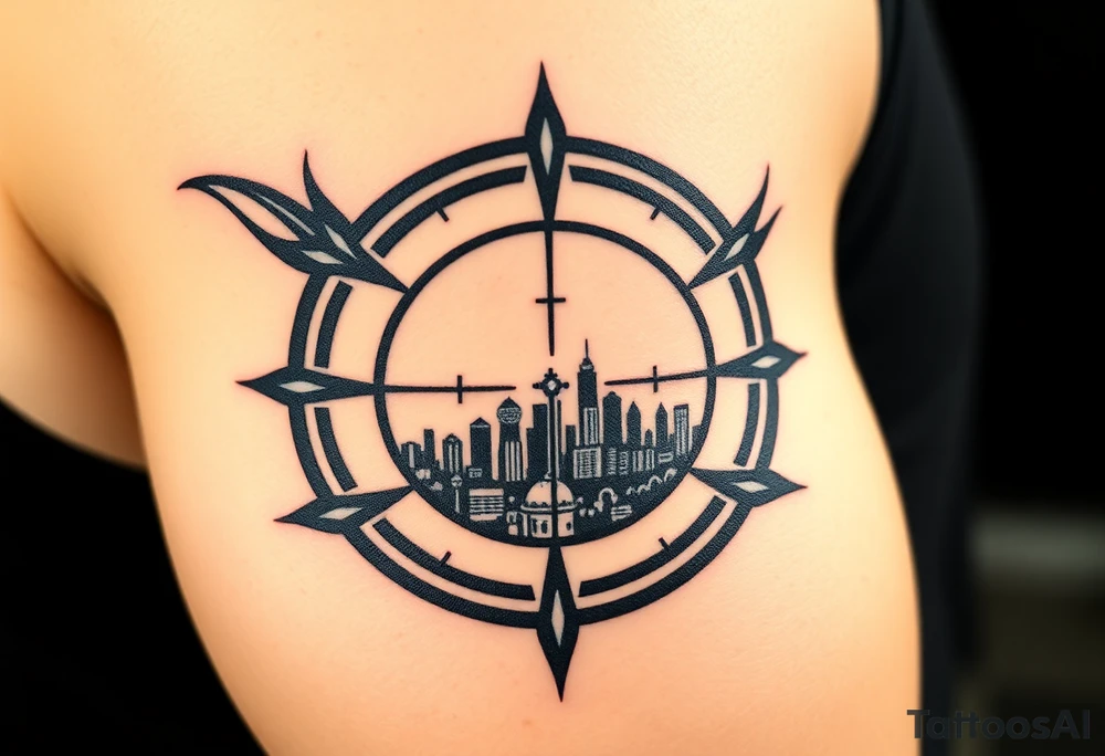 scope crosshairs with eerie Los Angeles city horizon in background tattoo idea