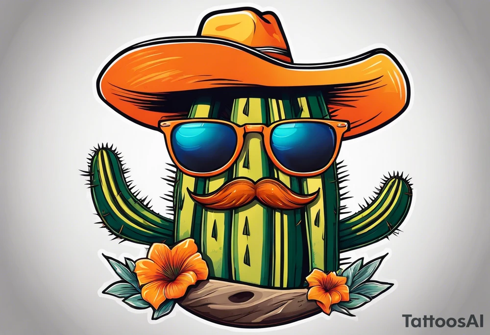 Saguaro cactus with two arms and a clever face, wearing an orange cowboy hat, wearing sunglasses, and a cigarette dangling from his mouth tattoo idea