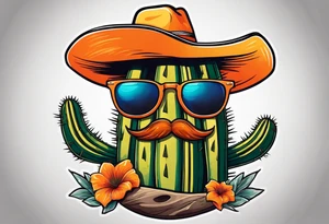 Saguaro cactus with two arms and a clever face, wearing an orange cowboy hat, wearing sunglasses, and a cigarette dangling from his mouth tattoo idea