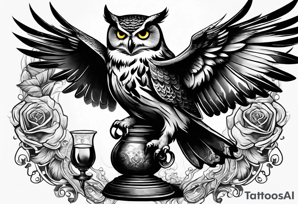 Create a flying owl holding an old wine goblet and an hourglass tattoo idea