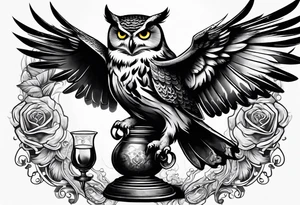 Create a flying owl holding an old wine goblet and an hourglass tattoo idea