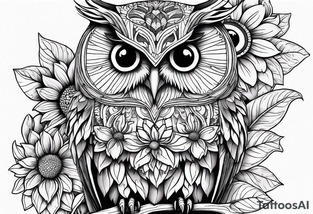 Leg sleeve with colorful sunflowers and an owl tattoo idea