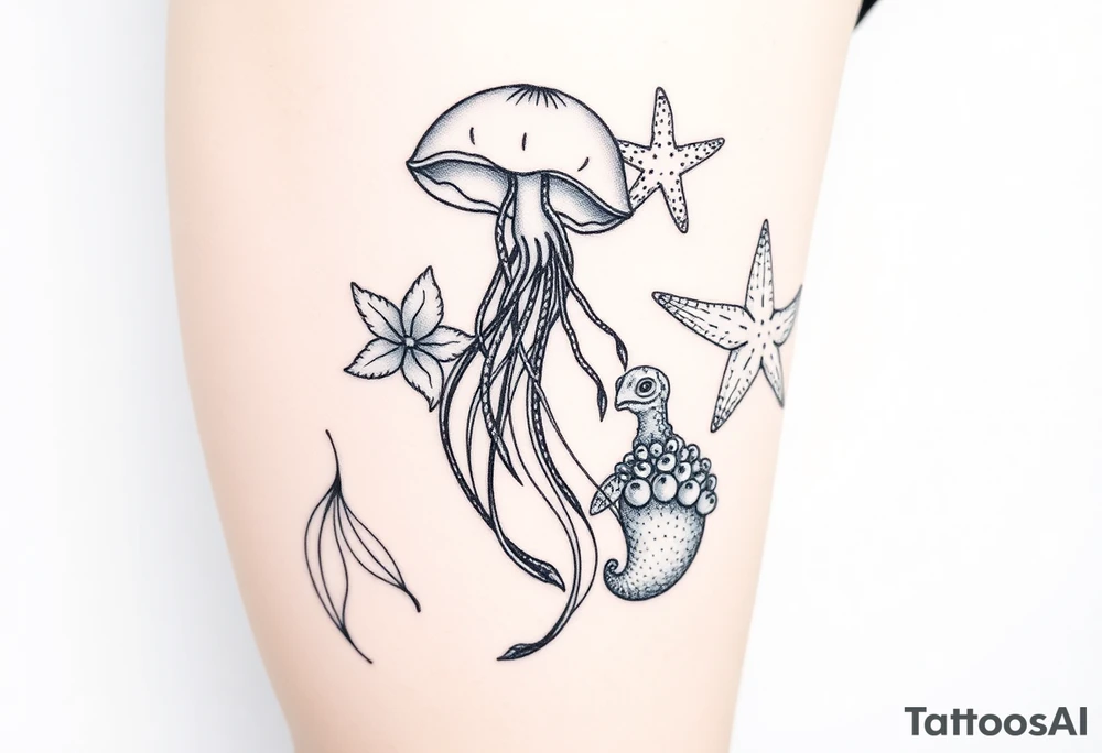 Ocean themed sleeve with jellyfish, mermaid, starfish, sea turtle, shells tattoo idea