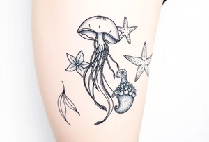 Ocean themed sleeve with jellyfish, mermaid, starfish, sea turtle, shells tattoo idea