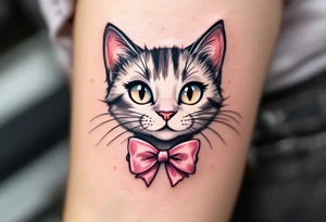 This cute cat tattoo of Marie with two pink bows in soft whites and pinks is a must for any The Aristocats fan. tattoo idea