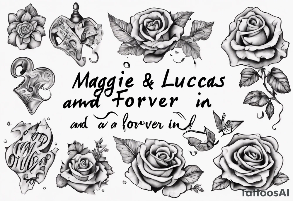 The words Maggie and Lucas and Love and Forever in a crossword puzzle tattoo idea