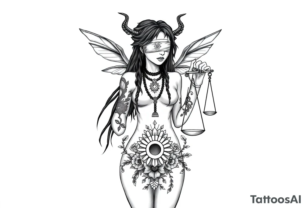 Black Sylph with dreads wearing blind fold and ankh pendant with tattoos holding weighing scales with the sun and moon rose vines surrounding and Anubis guarding tattoo idea