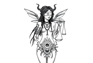 Black Sylph with dreads wearing blind fold and ankh pendant with tattoos holding weighing scales with the sun and moon rose vines surrounding and Anubis guarding tattoo idea