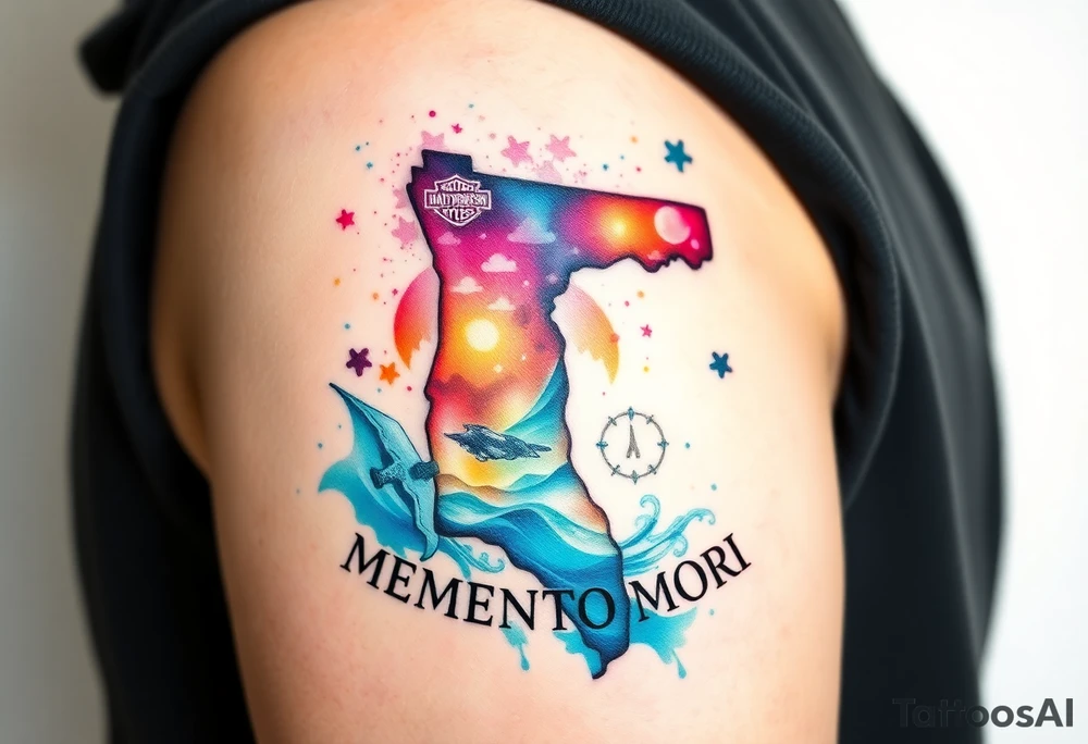 colorful futuristic memory tattoo for passed boyfriend; Florida, gulf coast water, Harley Davidson, skateboarding, puzzle pieces, video games, heaven, god, outdoors, guns, disc golf, words "MEMENTO MORI" tattoo idea