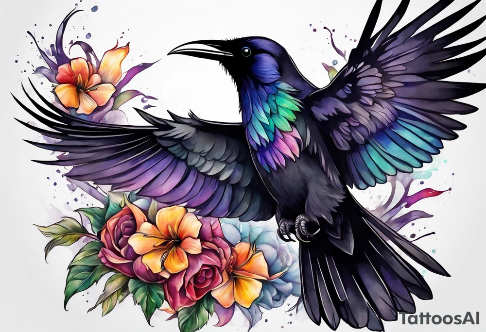 raven above a hummingbird with the raven facing right and the hummingbird facing left tattoo idea
