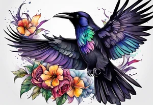 raven above a hummingbird with the raven facing right and the hummingbird facing left tattoo idea