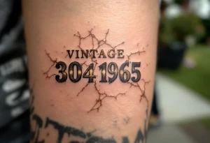 Vintage 30.04.1965 etched in bold brown ink with faded gold cracks for an aged effect. tattoo idea