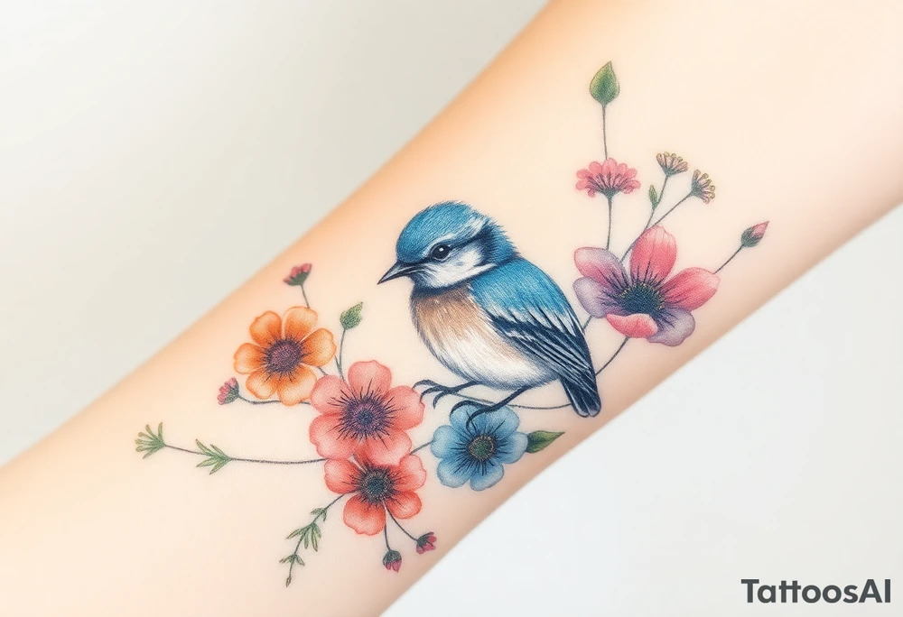 Puffy bluebird surrounded by wild flowers tattoo idea