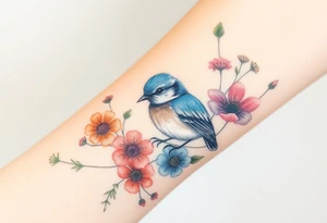 Puffy bluebird surrounded by wild flowers tattoo idea