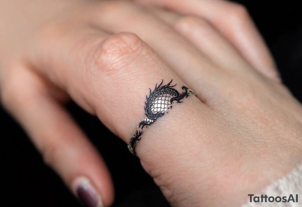 A black and silver finger band with a subtle dragon-scale texture tattoo idea