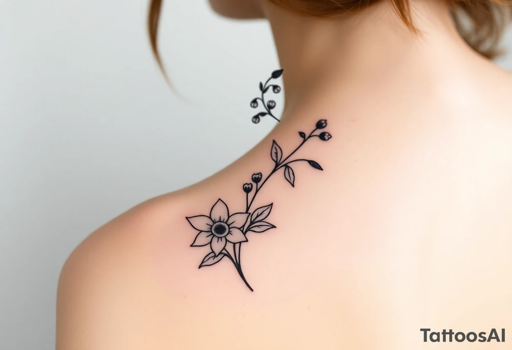 Simple small design in black bunch of flowers 1 lily of the valley 1 daffodil 1 holly 1 larkspur tattoo idea