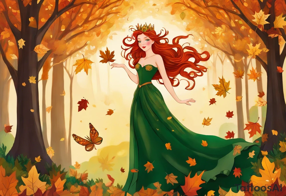 A auburn haired fairy in the middle of a forest during the peak of autumn, twirling in a whirlwind of autumn leaves. The fairy's hair is auburn with copper colors and a crown of gold, orange, and red leaves adorning her head. Her eyes are emerald green with gold flecks, ruby lips and pale skin. Her dress a deep green. tattoo idea