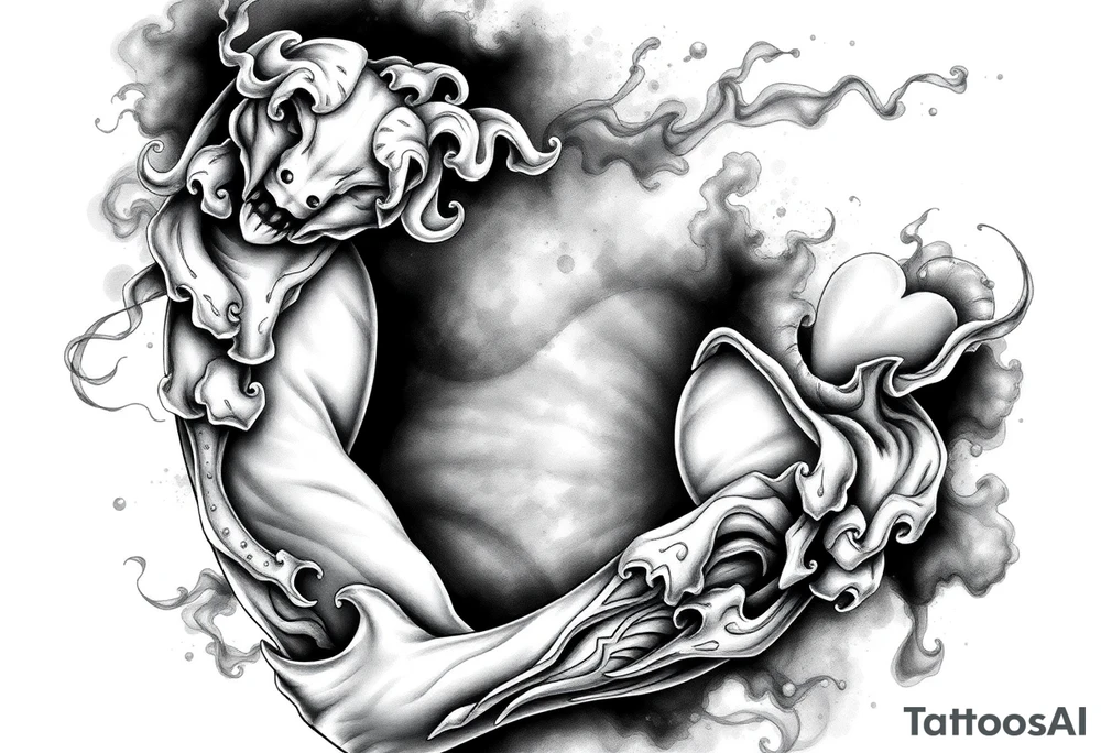 Tattoo sleeve filler using smoke, ash, and fragmented memory effects, organic flow wrapping around arm muscles, soft gradients, negative space, black and grey realism, seamless transitions between main tattoo elements. tattoo idea