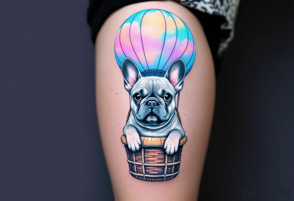 French Bulldog in a hot air balloon, head sticking out of a basket, fur in light ash gray with the balloon in pastel sky colors. tattoo idea
