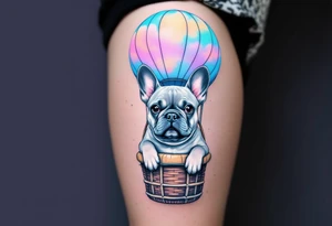French Bulldog in a hot air balloon, head sticking out of a basket, fur in light ash gray with the balloon in pastel sky colors. tattoo idea