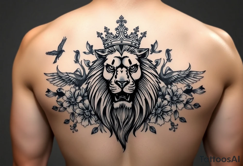 powerful majestic lion with a crown, surrounded by floral ornaments and birds tattoo idea