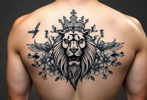 powerful majestic lion with a crown, surrounded by floral ornaments and birds tattoo idea