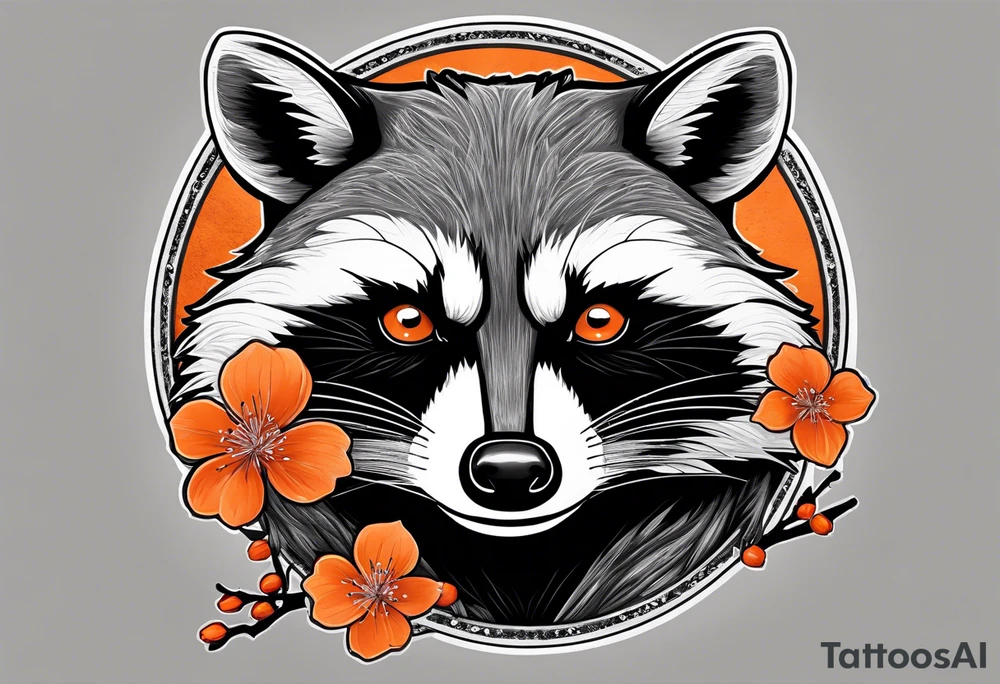 Raccoon wearing a white Superman logo on a black hoodie and orange Japanese cherry blossoms tattoo idea