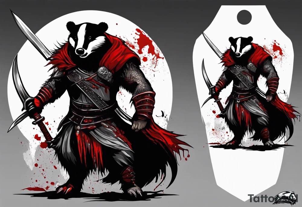 Draw me psychopath Badger/Berserker with aggressive full body, killer face with a scary smile, very long nails and he attacks like a Bloody Assassin/Warrior/Gladiator to us and also, he has very deadly looking. He fights with his nails. Everybody scares after their first sight. Give me horror type Badger Tattoo. I want to see his Realistic full body. tattoo idea